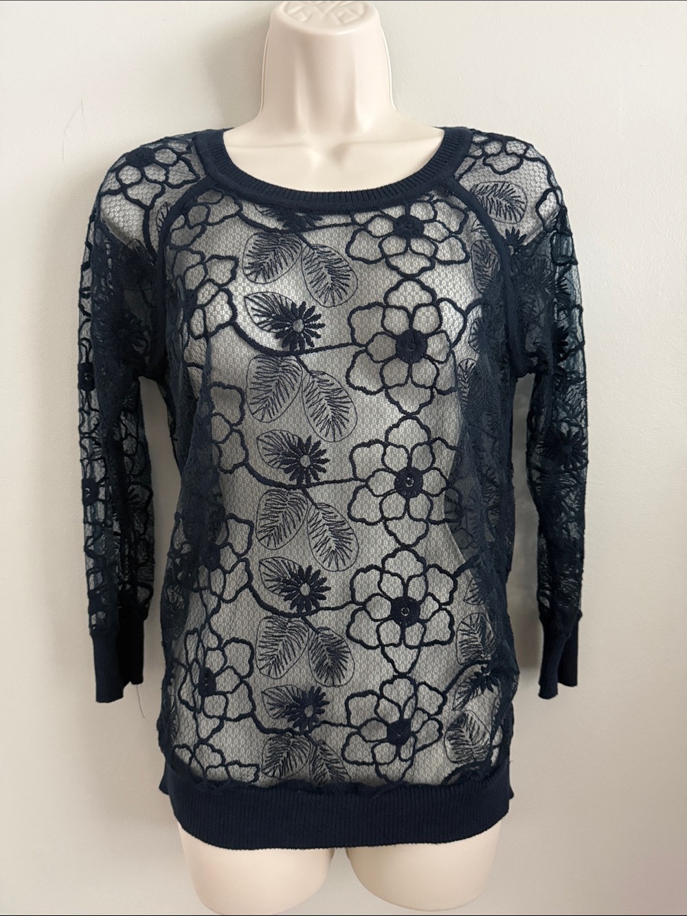 Charlotte Tarantola Navy Blue sheer Floral Lace Long Sleeve Top Anthropologie